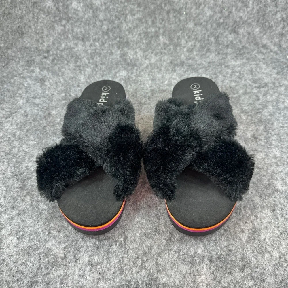 Kidpik Girls Size 2 Black Faux Fur Slide Sandals Platform Slip On Slides